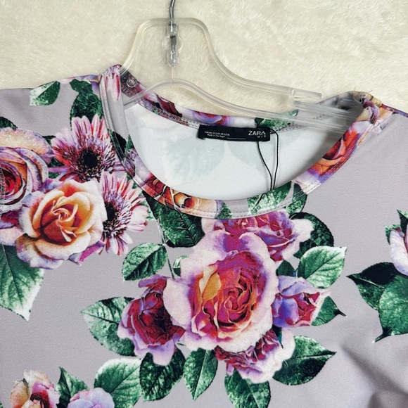 Zara NEW Floral Stretch Pencil Bodycon Fitted Midi Dress Boho Crew Long Sleeve M - Picture 7 of 16